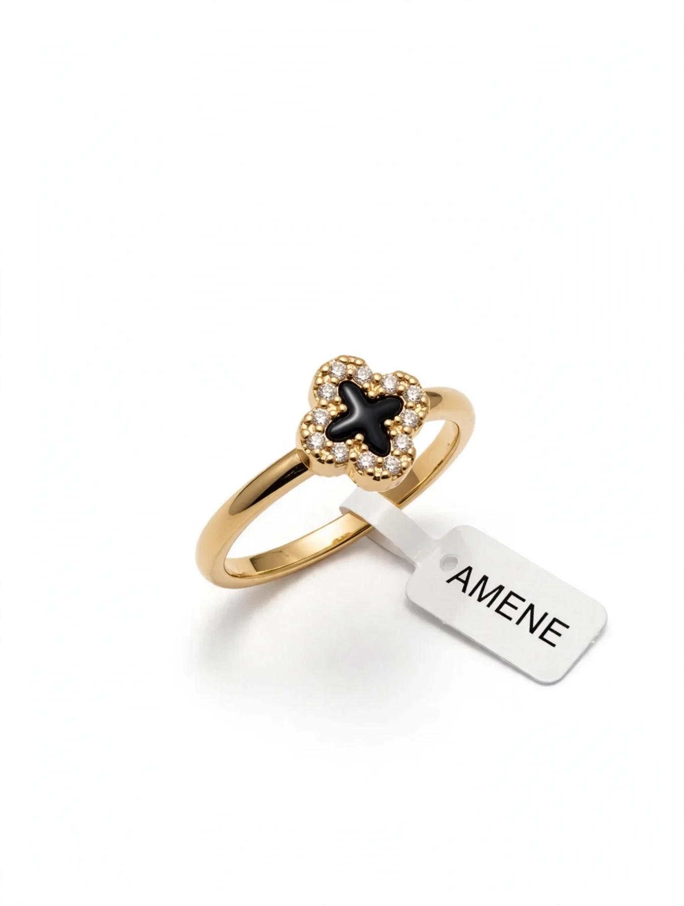 Anel inspiração dourado trevo preto com pedrinhas verniz italiano tm 16